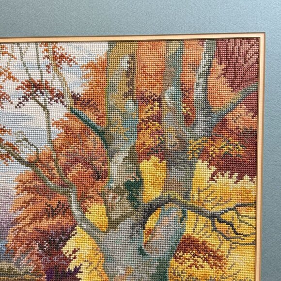 1997 Vintage Embroidered Picture Forest Lake Art With Wooden Frame 30" L x 25" H - Picture 11 of 16
